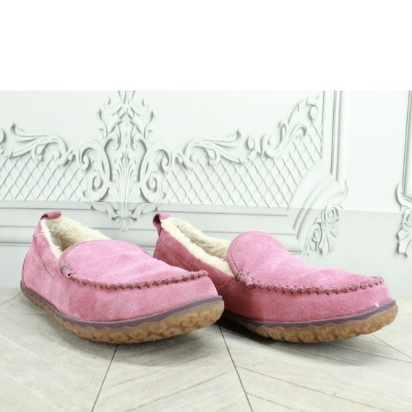 LL Bean Pink Suede Slip On Fleece Lined Mountain Moccasin Slippers Size 8 M - Picture 3 of 9